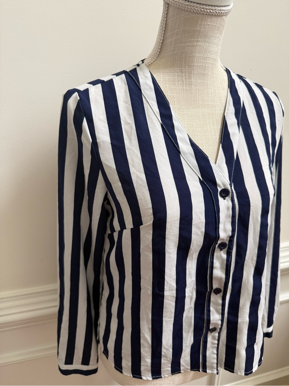 Striped V-Neck Button-Front Blouse - Navy/White - Picture 2 of 6